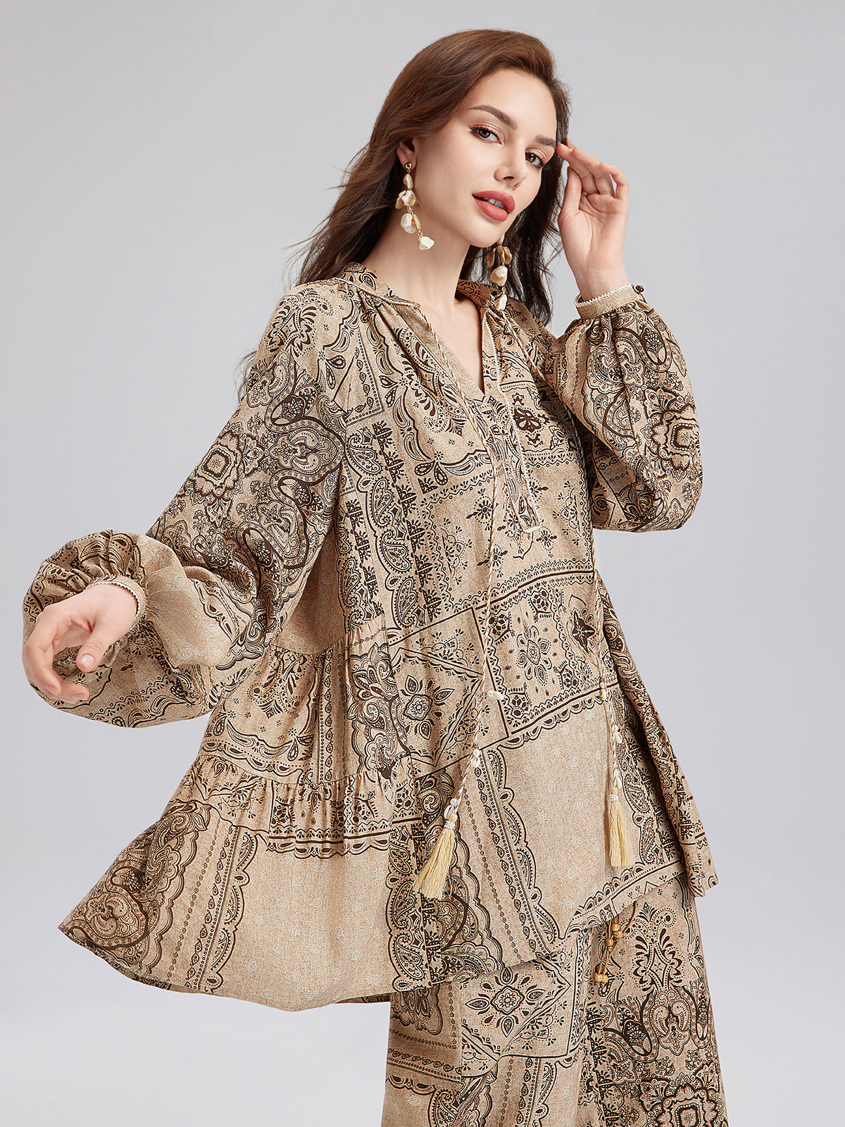 Şal Desenli Pamuk-Keten Rahat Tatil Bluzu