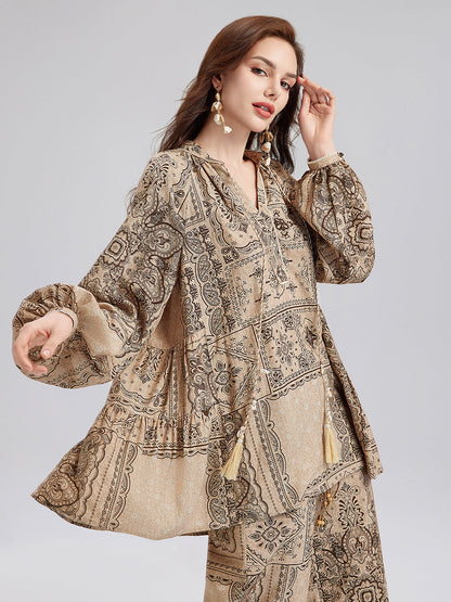 Şal Desenli Pamuk-Keten Rahat Tatil Bluzu