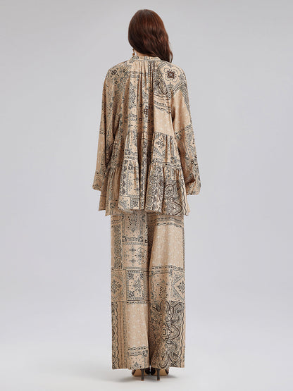 Şal Desenli Pamuk-Keten Rahat Tatil Bluzu