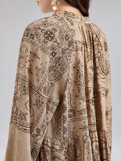 Şal Desenli Pamuk-Keten Rahat Tatil Bluzu