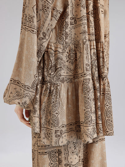 Şal Desenli Pamuk-Keten Rahat Tatil Bluzu