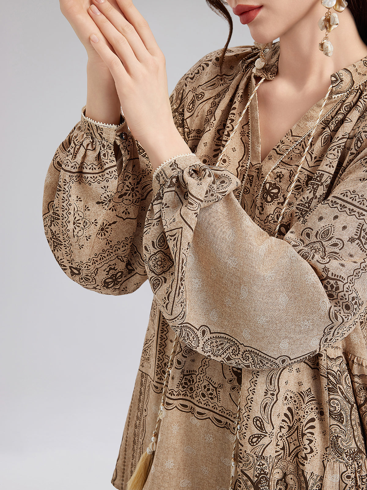 Şal Desenli Pamuk-Keten Rahat Tatil Bluzu