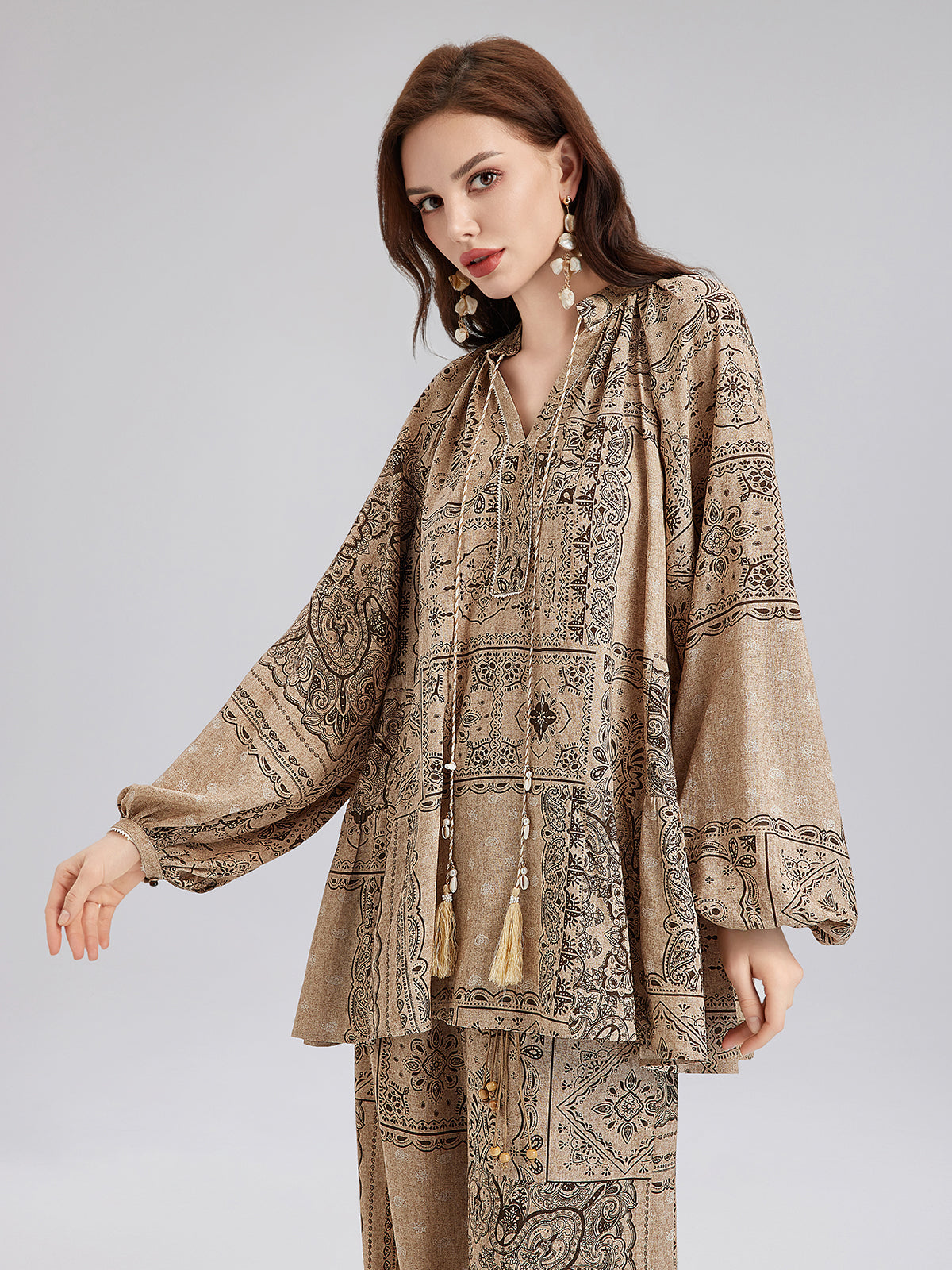 Şal Desenli Pamuk-Keten Rahat Tatil Bluzu