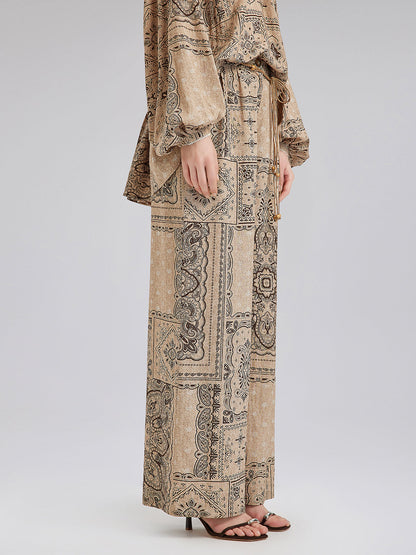 Şal Desenli Kemerli Tatil Pantolonu