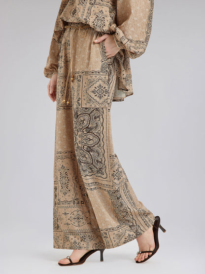 Şal Desenli Kemerli Tatil Pantolonu