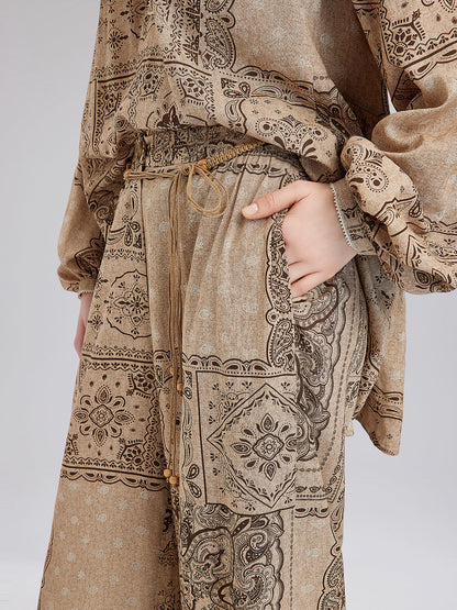 Şal Desenli Kemerli Tatil Pantolonu