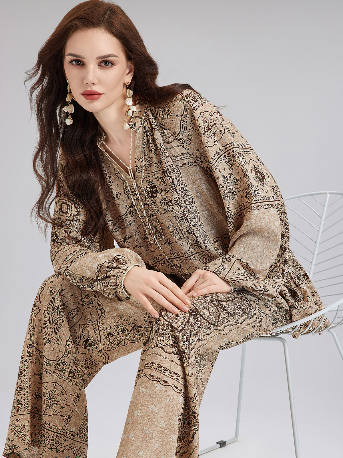 Şal Desenli Pamuk-Keten Rahat Tatil Bluzu