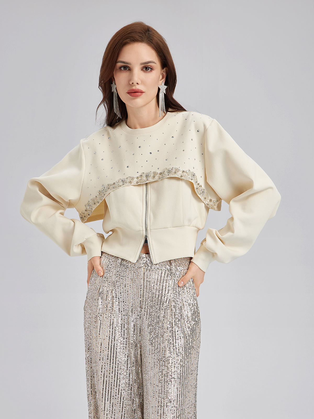 Taş İşlemeli Fermuarlı Yelek ve Takım