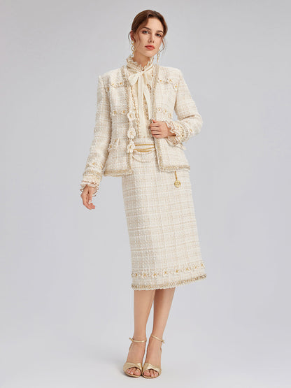 İki Renkli Kareli Tüvit El İşlemeli Çiçekli Ceket (Toka Dahil)