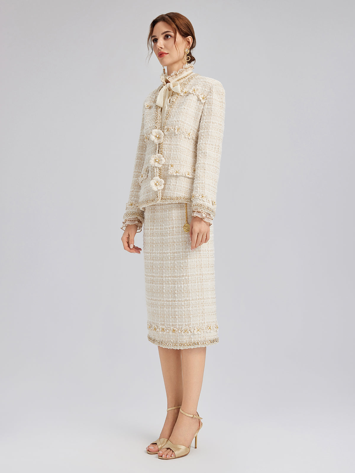 İki Renkli Kareli Tüvit El İşlemeli Çiçekli Etek