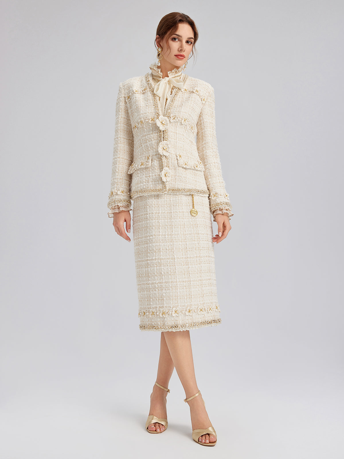 İki Renkli Kareli Tüvit El İşlemeli Çiçekli Etek