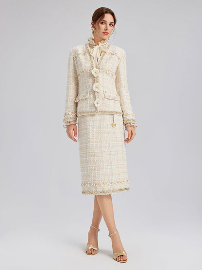 İki Renkli Kareli Tüvit El İşlemeli Çiçekli Etek