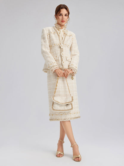 İki Renkli Kareli Tüvit El İşlemeli Çiçekli Ceket (Toka Dahil)