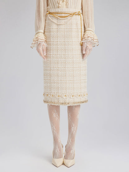 İki Renkli Kareli Tüvit El İşlemeli Çiçekli Etek