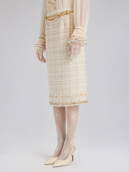 İki Renkli Kareli Tüvit El İşlemeli Çiçekli Etek