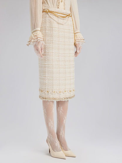 İki Renkli Kareli Tüvit El İşlemeli Çiçekli Etek