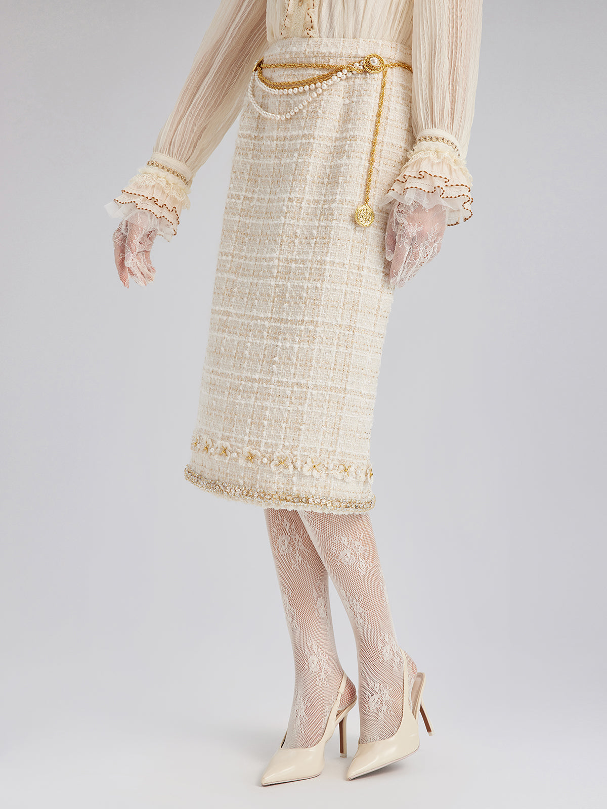 İki Renkli Kareli Tüvit El İşlemeli Çiçekli Etek