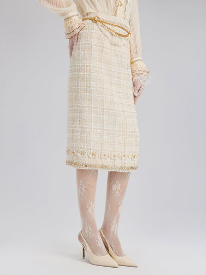 İki Renkli Kareli Tüvit El İşlemeli Çiçekli Etek