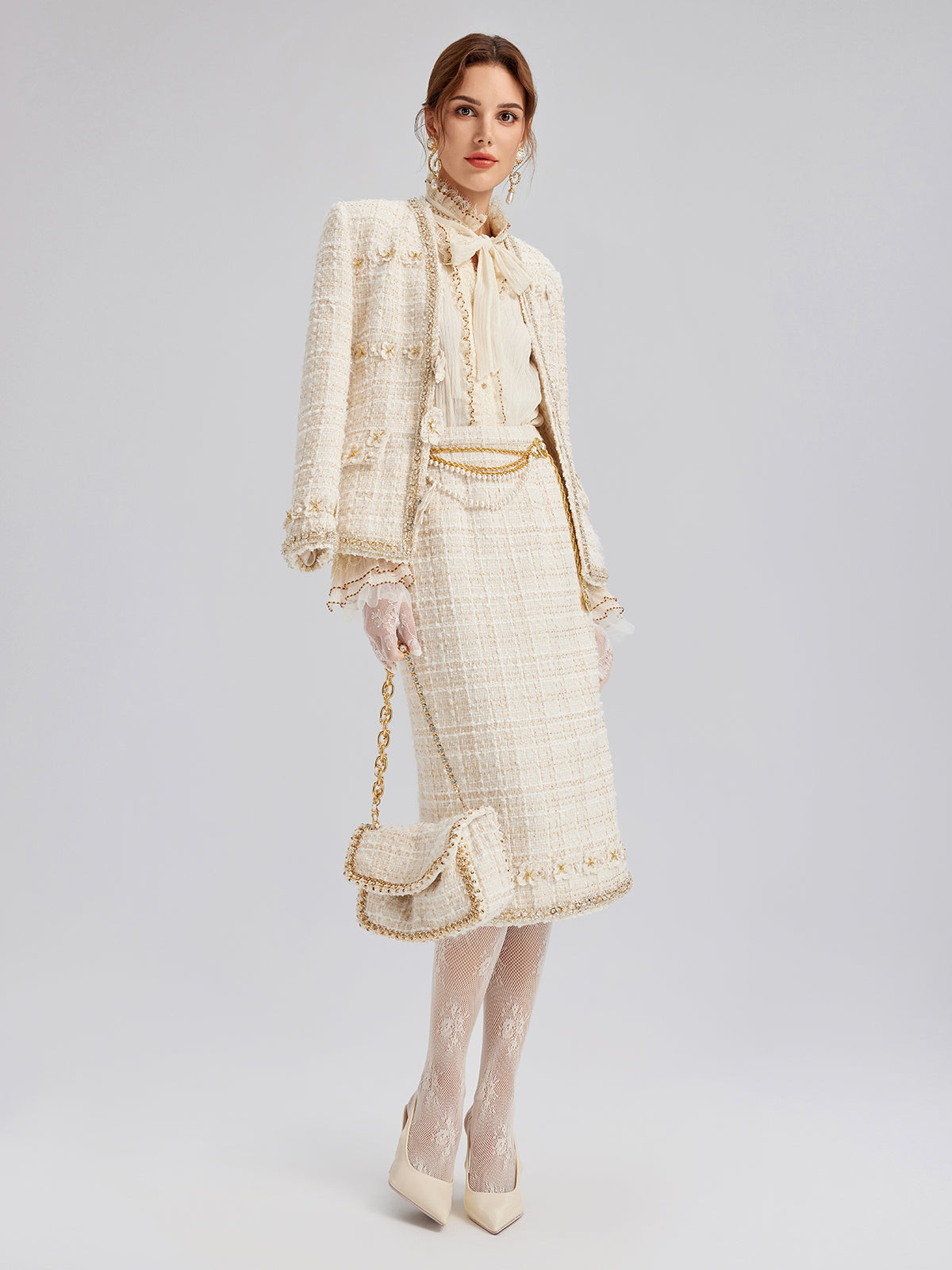 İki Renkli Kareli Tüvit El İşlemeli Çiçekli Ceket (Toka Dahil)