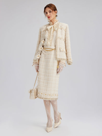 İki Renkli Kareli Tüvit El İşlemeli Çiçekli Etek