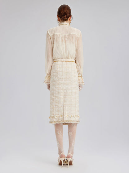 İki Renkli Kareli Tüvit El İşlemeli Çiçekli Etek