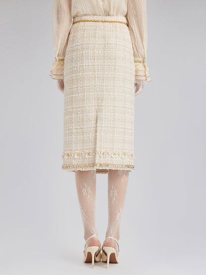 İki Renkli Kareli Tüvit El İşlemeli Çiçekli Etek