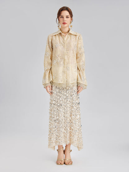 Pullu Boncuk Nakışlı Organze Bluz