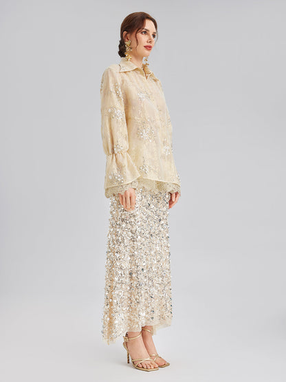 Pullu Boncuk Nakışlı Organze Bluz