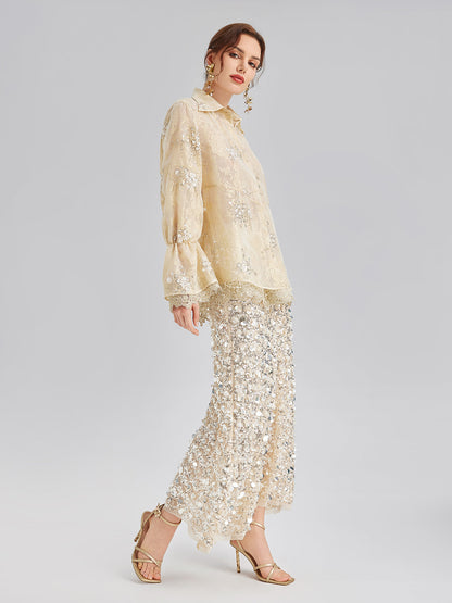 Pullu Boncuk Nakışlı Organze Bluz