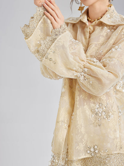 Pullu Boncuk Nakışlı Organze Bluz