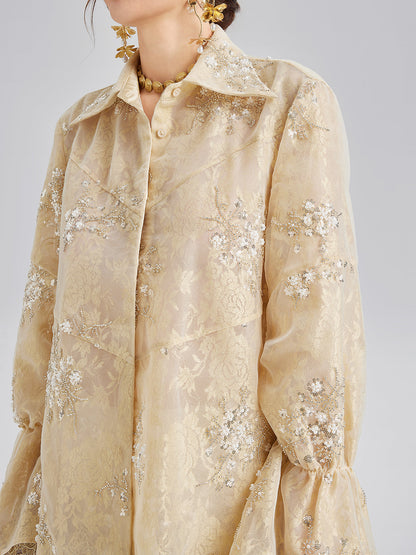 Pullu Boncuk Nakışlı Organze Bluz