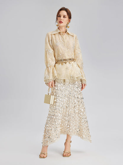 Pullu Boncuk Nakışlı Organze Bluz