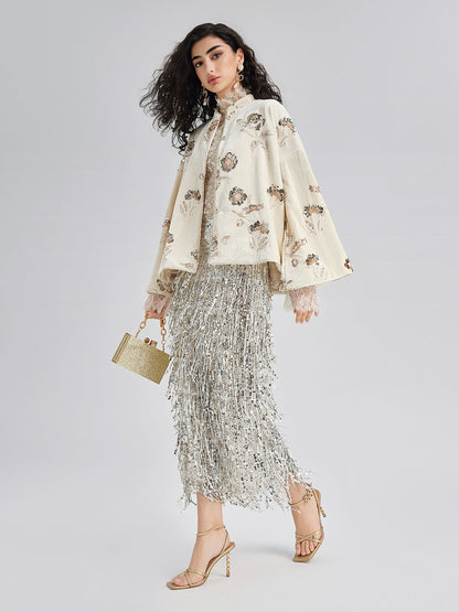 Fransız Kadife Boncuklu Nakışlı Pelerin Kaban