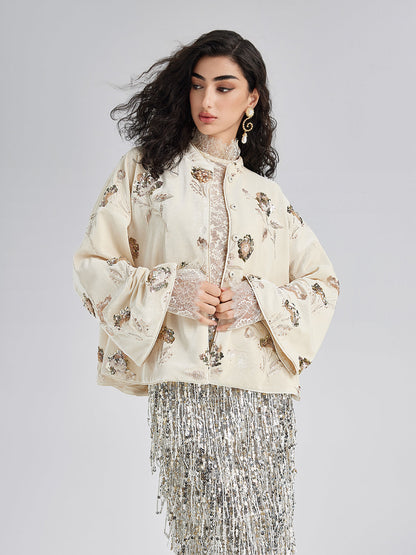 Fransız Kadife Boncuklu Nakışlı Pelerin Kaban