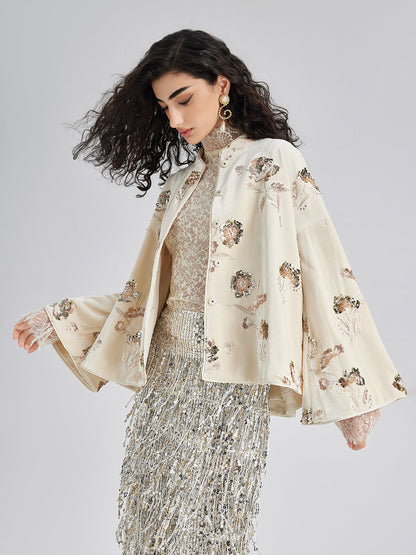 Fransız Kadife Boncuklu Nakışlı Pelerin Kaban