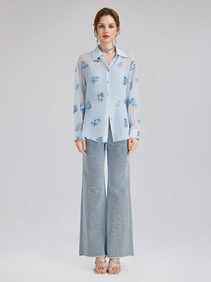 İpek Çiçek Nakışlı Gömlek