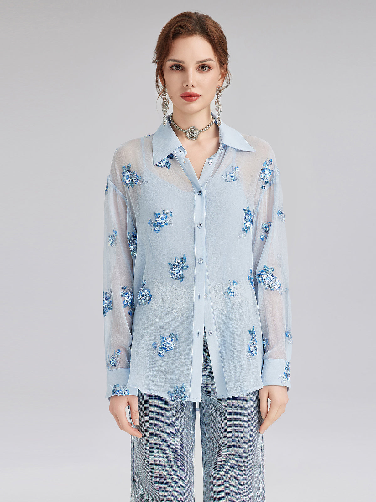 İpek Çiçek Nakışlı Gömlek