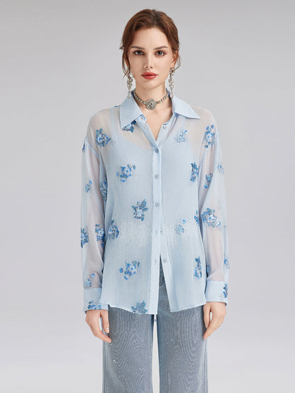 İpek Çiçek Nakışlı Gömlek