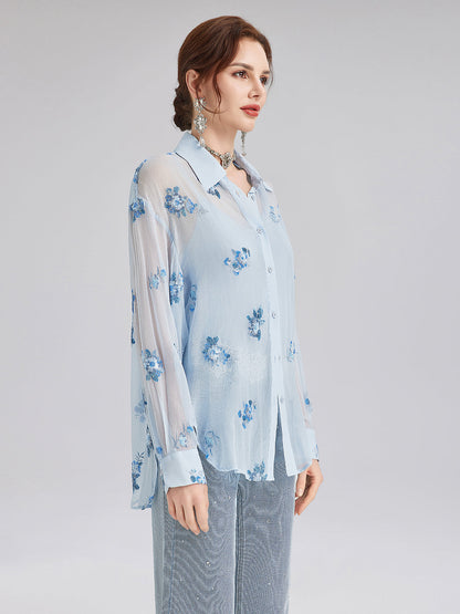 İpek Çiçek Nakışlı Gömlek