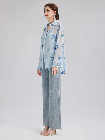 İpek Çiçek Nakışlı Gömlek