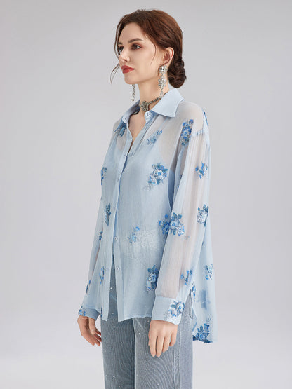 İpek Çiçek Nakışlı Gömlek