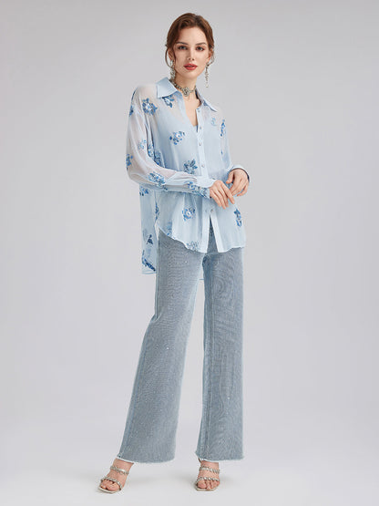 İpek Çiçek Nakışlı Gömlek