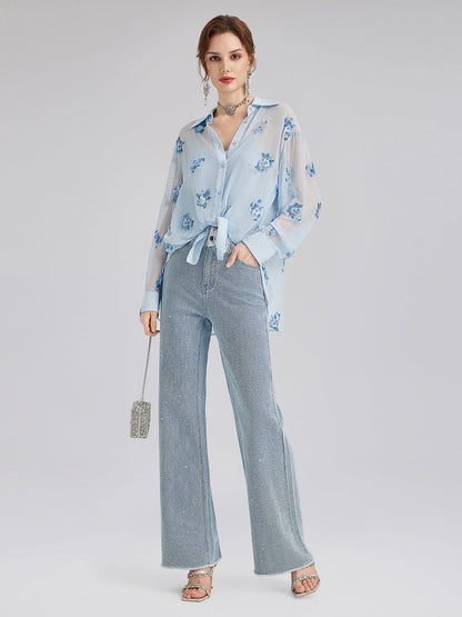 İpek Çiçek Nakışlı Gömlek