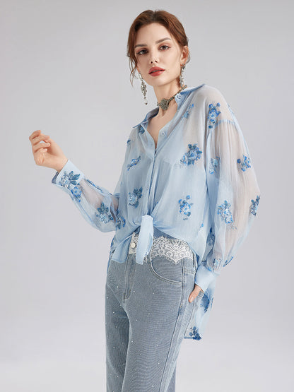 İpek Çiçek Nakışlı Gömlek