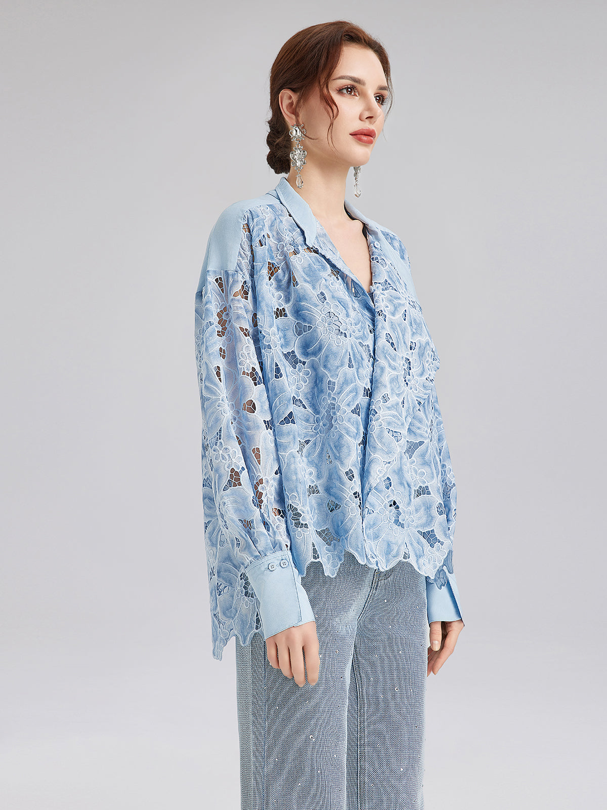 Asimetrik Yaka Boyalı Çiçekli Gömlek