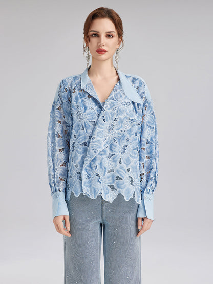 Asimetrik Yaka Boyalı Çiçekli Gömlek