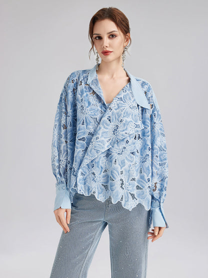 Asimetrik Yaka Boyalı Çiçekli Gömlek