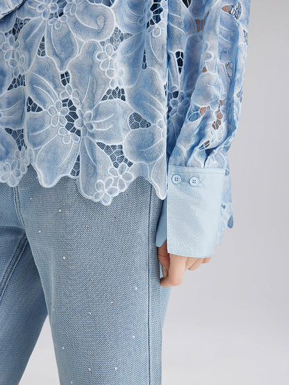 Asimetrik Yaka Boyalı Çiçekli Gömlek