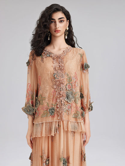 El Yapımı 3 Boyutlu Çiçekli İpek Bluz