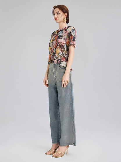 İtalyan Vintage Çiçek Desenli Tişört